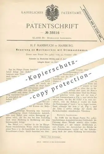 original Patent - H. F. Hambruch , Hamburg , 1886 , Musikwerk mit Stimmenkamm | Musikinstrument , Musik !!