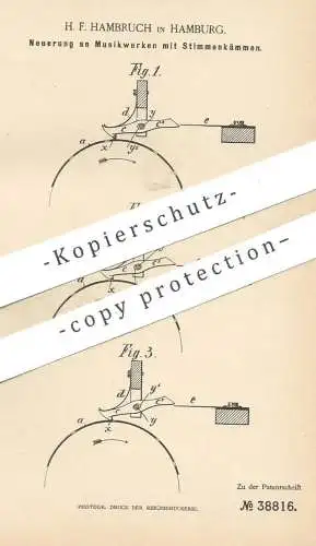 original Patent - H. F. Hambruch , Hamburg , 1886 , Musikwerk mit Stimmenkamm | Musikinstrument , Musik !!