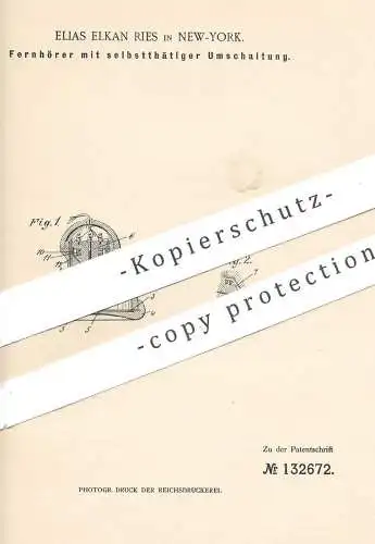 original Patent - Elias Elkan Ries , New York , 1899 , Fernhörer mit selbsttätiger Umschaltung | Telefon , Fernsprecher