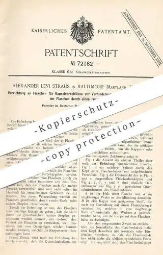 original Patent - Alexander Levi Straus , Baltimore , Maryland USA , 1893 | Flaschenverschluss | Flasche Verschluss Kork