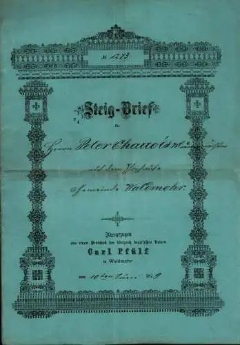 Dokument Adel , 8 seitiger Steigbrief , Peter Charrois in Waldmohr b. Kusel 1879 !!!