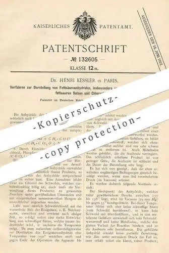 original Patent - Dr. Henri Kessler , Paris , Frankreich , 1900 , Darstellung von Fettsäureanhydrid | Salze , Schwefel