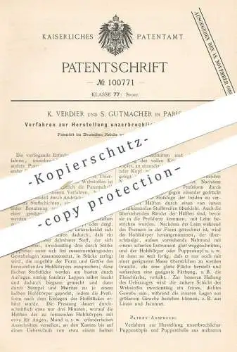 original Patent - K. Verdier , S. Gutmacher , Paris , Frankreich , 1897 , Herst. unzerbrechlicher Puppenköpfe | Puppe !!