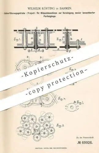 original Patent - Wilhelm Körting , Barmen 1892 , Überführungsgetriebe / Traject f. Klöppelmaschine | Klöppel Volkenborn