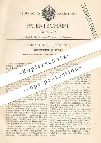 original Patent - D. Klein & Söhne , Nürnberg 1897 , Sperrvorrichtung für Fahrräder | Fahrrad - Schloss | Fahrradschloss