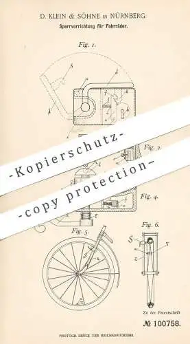 original Patent - D. Klein & Söhne , Nürnberg 1897 , Sperrvorrichtung für Fahrräder | Fahrrad - Schloss | Fahrradschloss