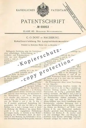 original Patent - C. O. Dost , Magdeburg , 1892 , Schaltung f. Langbohrmaschine | Bohrmaschine , Fräse | Bohren , Fräsen