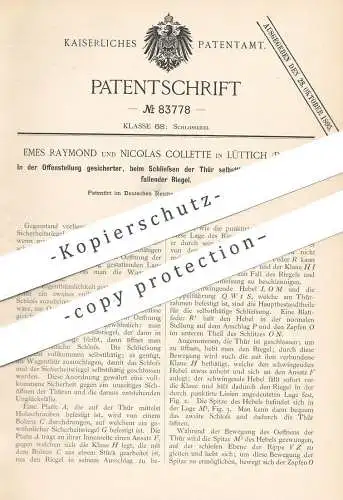 original Patent - Emes Raymond , Nicolas Collette , Lüttich , Belgien , 1895 , Türriegel | Tür - Riegel | Schloss