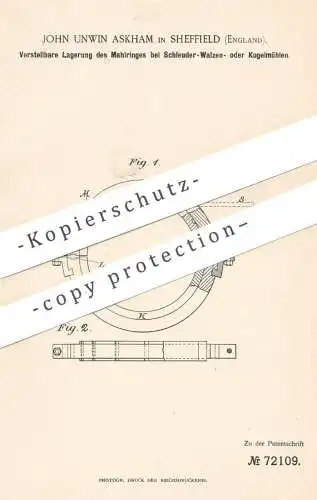 original Patent - John Unwin Askham , Sheffield , England , 1892 , Lagerung am Mahlring bei Walzen , Mühlen | Mühle !!