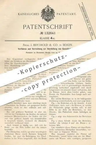 original Patent - J. Berthold & Co. , Berlin , 1900 , Herst. von Gasselbstzünder | Gas - Zünder | Zündung , Zündpillen !