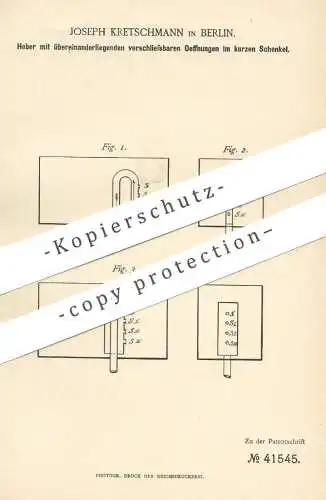 original Patent - Joseph Kretschmann , Berlin , 1887 , Glockenheber , Heber | Toilette - Spülung , Kloset , WC , Wasser