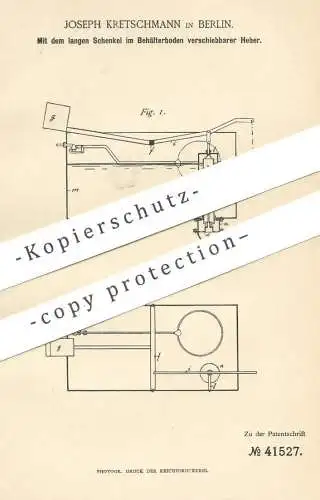 original Patent - Joseph Kretschmann , Berlin , 1887 , Heber , Glockenheber | WC - Spülung | Toilette , Kloset | Wasser