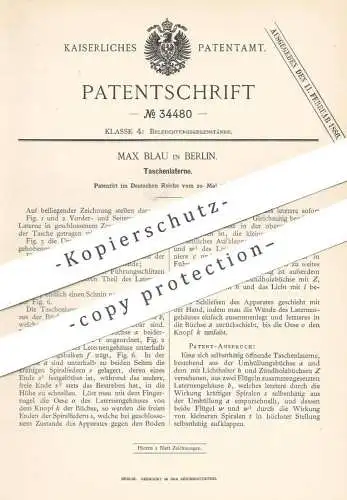 original Patent - Max Blau , Berlin , 1885 , Taschenlaterne | Taschen - Laterne | Lampe , Taschenlampe , Licht !!