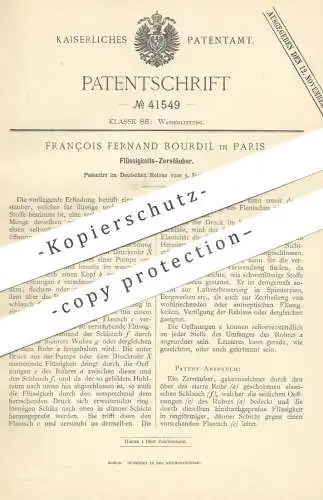 original Patent - François Fernand Bourdil , Paris , Frankreich , 1887 , Flüssigkeits- Zerstäuber | Brause , Düse !!