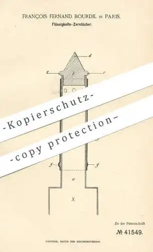 original Patent - François Fernand Bourdil , Paris , Frankreich , 1887 , Flüssigkeits- Zerstäuber | Brause , Düse !!