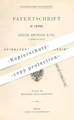 original Patent - Gustav Deutgen & Co. , Köln / Düren , 1880 , Spiralfeder - Windemaschine | Winde , Walze | Matratze