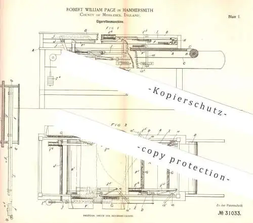 original Patent - Robert William Page , Hammersmith , Middlesex , England , 1884 , Zigaretten - Maschine | Zigarette !!