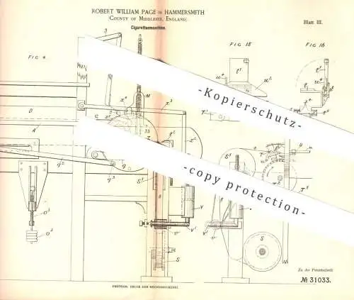 original Patent - Robert William Page , Hammersmith , Middlesex , England , 1884 , Zigaretten - Maschine | Zigarette !!