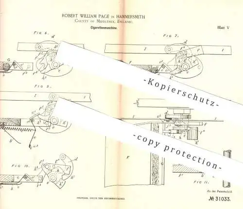 original Patent - Robert William Page , Hammersmith , Middlesex , England , 1884 , Zigaretten - Maschine | Zigarette !!