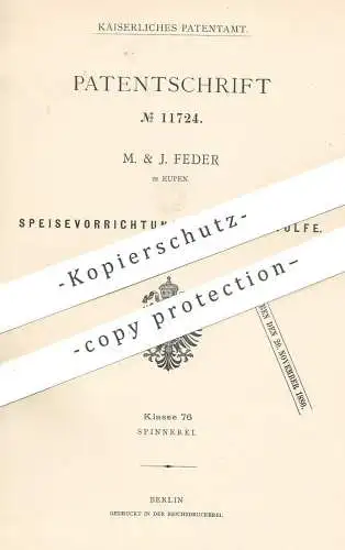 original Patent - M. & J. Feder , Eupen , 1880 , Speisevorrichtung für Reisswolf | Faser , Garn , Gewebe !!!