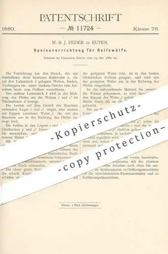 original Patent - M. & J. Feder , Eupen , 1880 , Speisevorrichtung für Reisswolf | Faser , Garn , Gewebe !!!