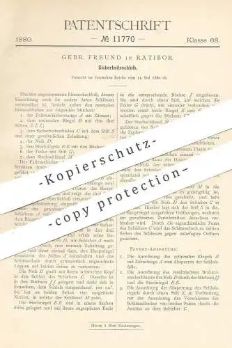 original Patent - Gebrüder Freund , Ratibor , 1880 , Sicherheitsschloss | Schloss , Türschloss | Schlosser , Schlosserei