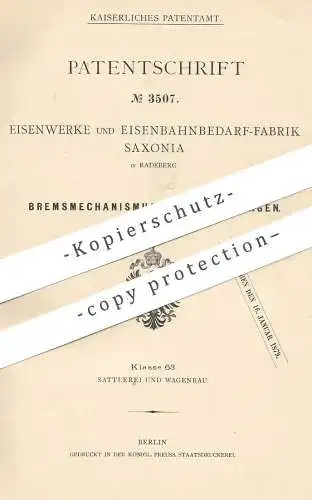 original Patent - Eisenwerke & Eisenbahnbedarf Fabrik Saxonia , Radeberg , 1878 , Bremse für Kutschwagen | Kutsche !!!