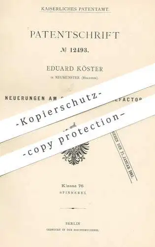 original Patent - uard Köster , Neumünster , Holstein , 1880 , Streichgarn - Selfactor | Garn , Spinnerei , Selfaktor !!