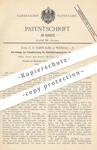 original Patent - C. E. Schwalbe , Werdau , 1896 , Florabtrennung für Vliestäfelungsapparate mit Mangelwalze | Spinnen