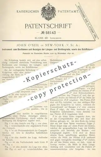 original Patent - John O'Neil , New York , USA , 1890 , Längen- , Breitengrad u. Kurs vom Schiff bestimmen | Schiffe !!!