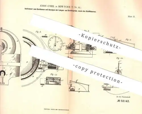 original Patent - John O'Neil , New York , USA , 1890 , Längen- , Breitengrad u. Kurs vom Schiff bestimmen | Schiffe !!!