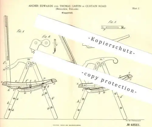 original Patent - Archer Edwards , Thomas Griffin , Curtain Road , Middlesex , England , 1888 , Klappstuhl | Stuhl !!!