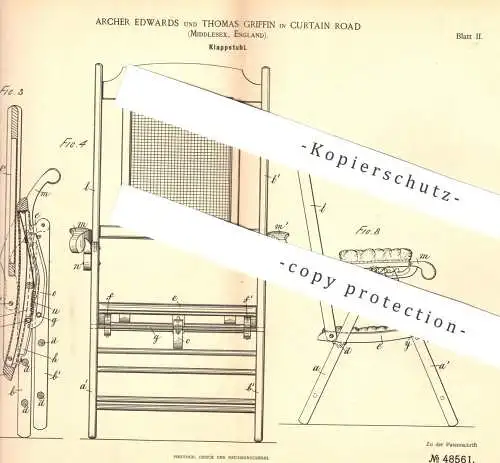 original Patent - Archer Edwards , Thomas Griffin , Curtain Road , Middlesex , England , 1888 , Klappstuhl | Stuhl !!!