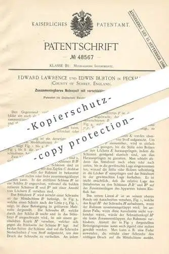 original Patent - Edward Lawrenceton , Peckham , Surrey , England , 1889 , Notenpult | Noten - Pult | Musikinstrument !