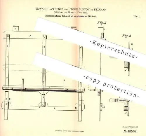 original Patent - Edward Lawrenceton , Peckham , Surrey , England , 1889 , Notenpult | Noten - Pult | Musikinstrument !