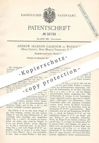 original Patent - Andrew Jackson Calhoun , Watrous , Mora County , New Mexico , USA | Schloss für Geldschrank , Tresor