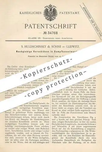 original Patent - S. Huldschinsky & Söhne , Gleiwitz 1885 , Verschluss in Dampfkesselwandung | Dampfkessel  Wasserkessel