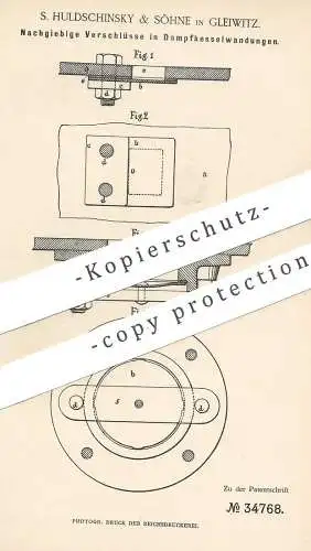 original Patent - S. Huldschinsky & Söhne , Gleiwitz 1885 , Verschluss in Dampfkesselwandung | Dampfkessel  Wasserkessel