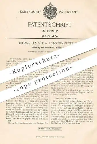 original Patent - Johann Placzek , Antonienhütte , 1901 , Sicherung für Schrauben , Bolzen | Schlosser , Schlosserei !!!