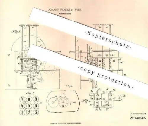 original Patent - Johann Franke , Wien , Österreich , 1901 , Addiermaschine | Rechenmaschine | Rechnen | Mathematik !!!