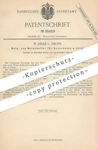 original Patent - W. Zielke , Thorn , 1885 , Balg- und Notenhalter für Akkordeon | Harmonika | Musikinstrument , Musik