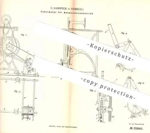 original Patent - C. Ramspeck , Hamburg , 1885 , Federmotor für Nähmaschinen | Nähmaschine , Motor !!!