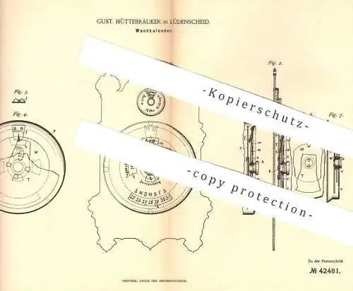 original Patent - Gust. Hüttebräuker , Lüdenscheid , 1887 , Wandkalender | Kalender , Kalendarium !!!