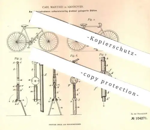 original Patent - Carl Manthei , Hannover , 1898 , Fahrradständer am Rahmen | Fahrrad , Fahrräder | Zweirad , Stütze !