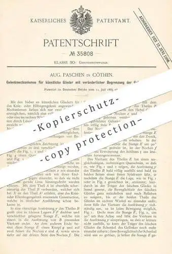 original Patent - Aug. Paschen , Cöthen / Köthen | 1885 | Gelenkmechanismus für künstliche Glieder | Gelenke | Medizin