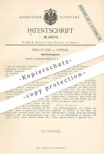 original Patent - Ferd. Rutzky , Crefeld / Krefeld  1888 , Spiritussengapparat | Spiritus | Sengen , Seide , Seidenstoff