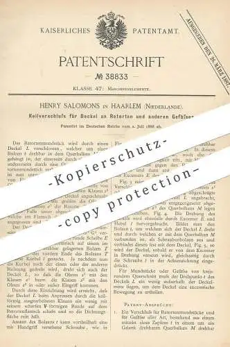 original Patent - Henry Salomons , Haarlem , Niederlande , 1886 , Keilverschluss für Deckel an Retorten | Verschluss !