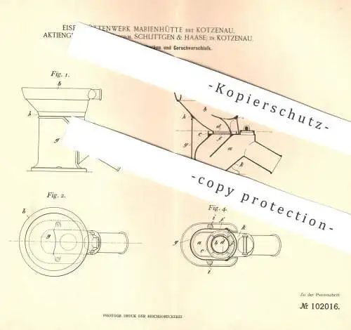 original Patent - Eisenhüttenwerk Marienhütte , Kotzenau | vorm. AG Schlittgen & Haase | Toilette , Abort , WC , Kloset