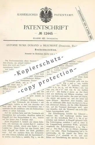 original Patent - Antoine Numa Durand , Beaumont , Dordogne , Frankreich , 1880 , Rechenmaschine | Rechner , Mathematik
