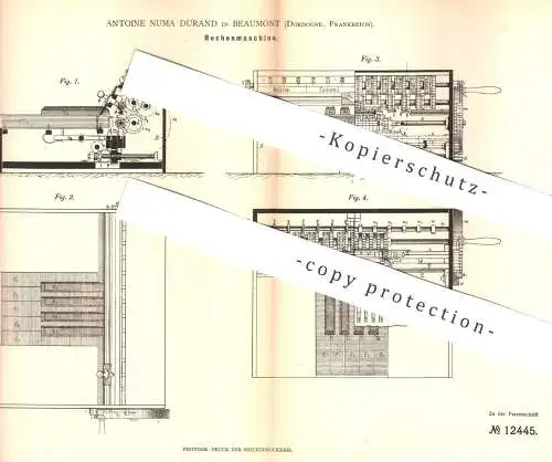 original Patent - Antoine Numa Durand , Beaumont , Dordogne , Frankreich , 1880 , Rechenmaschine | Rechner , Mathematik